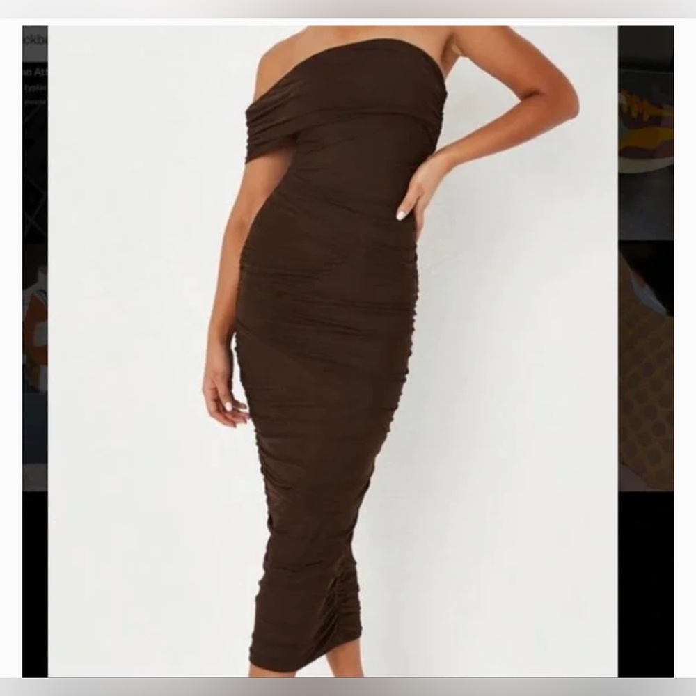 Missguided Midi Brown Ruched Dress with one shoulder sleeve